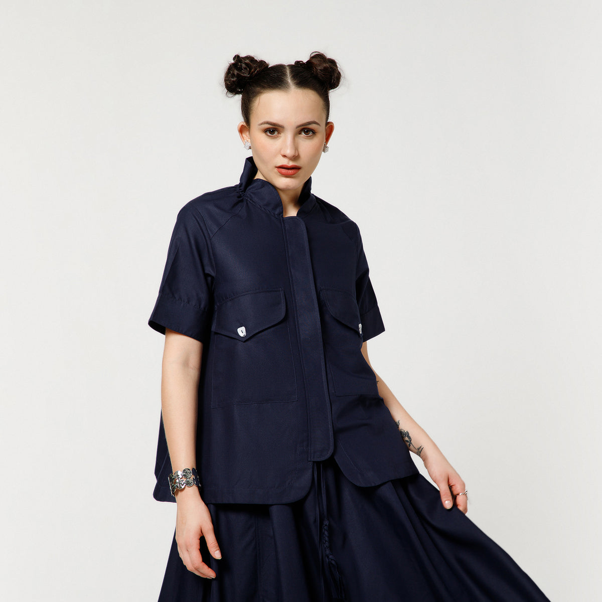 Navy Blue Cotton Top Concealed Placket