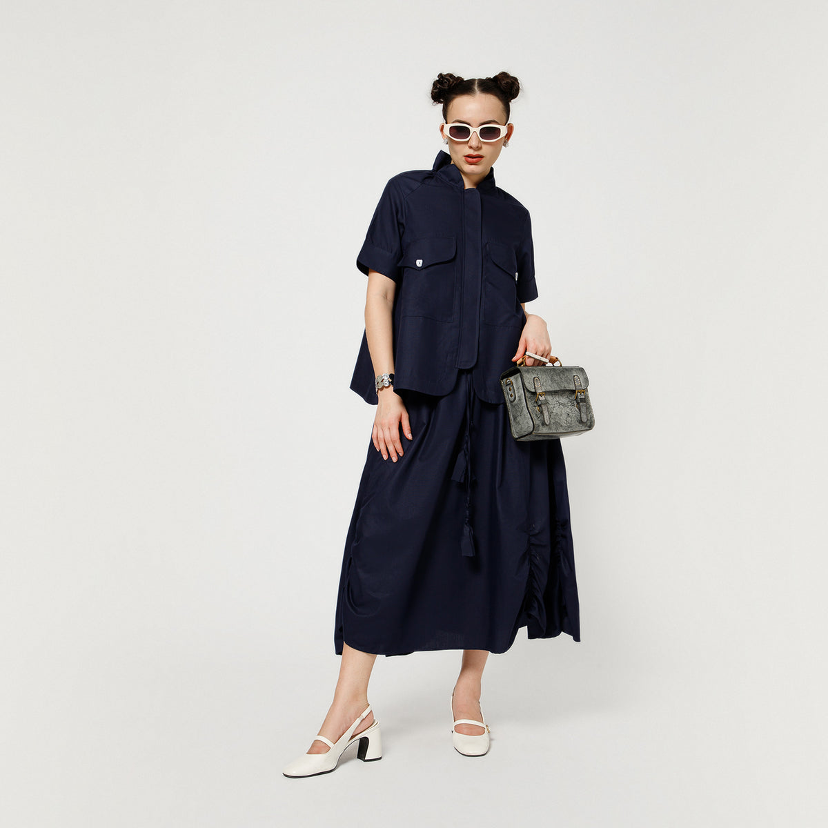 Navy Blue Cotton Skirt With Gathered Detaling