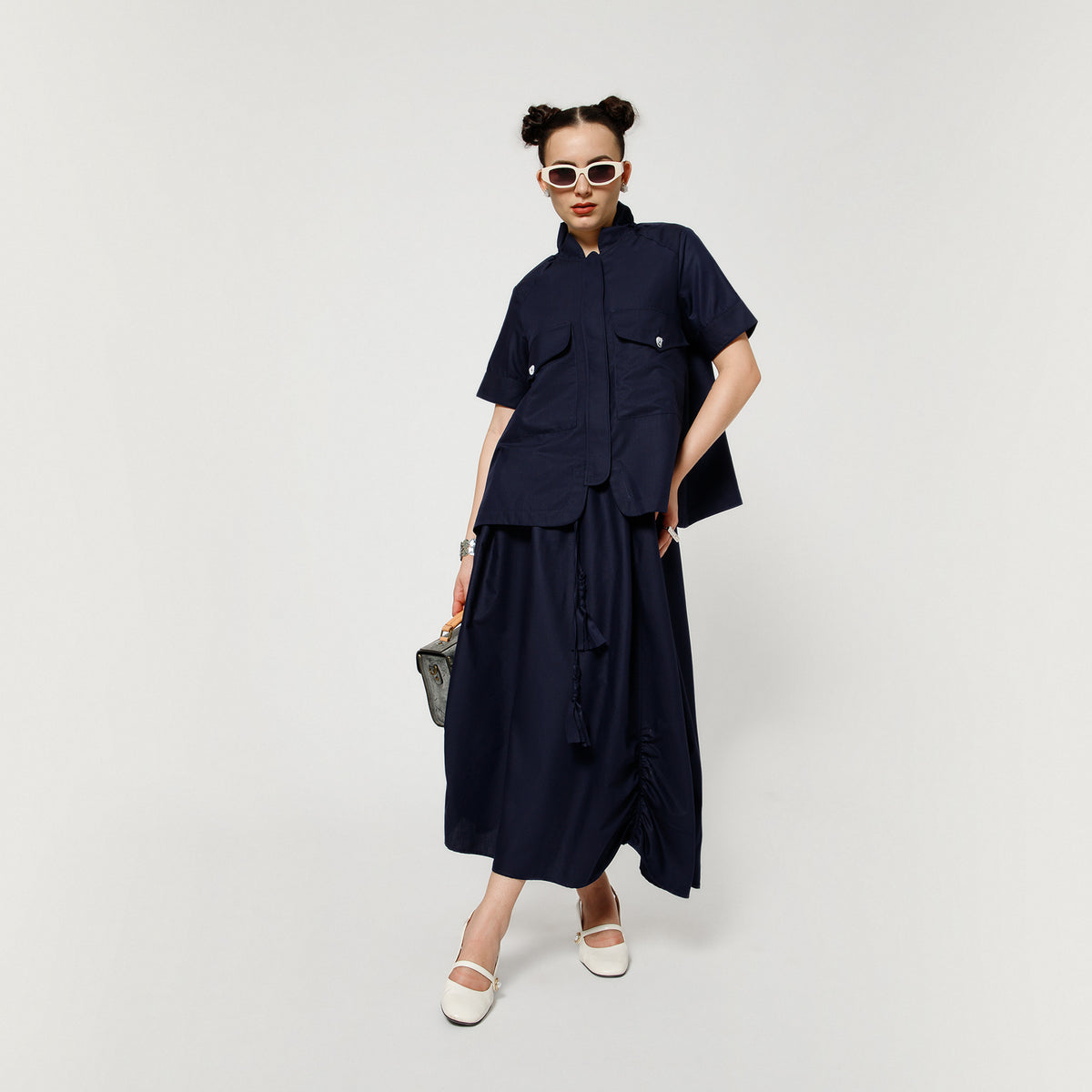 Navy Blue Cotton Top Concealed Placket
