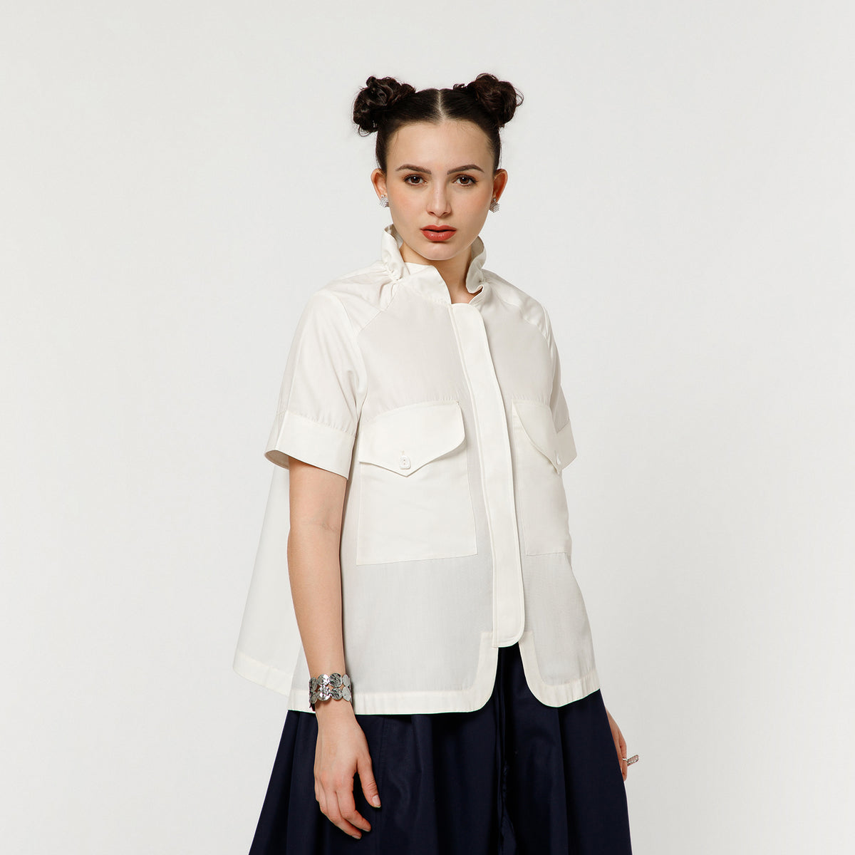 Off White Cotton Top Concealed Placket