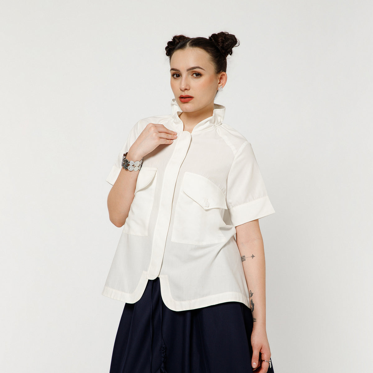 Off White Cotton Top Concealed Placket