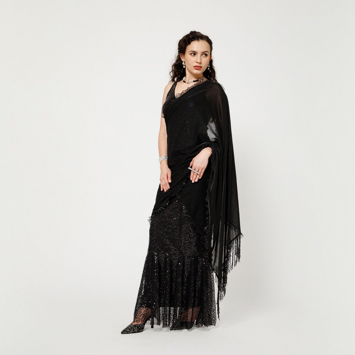 Black Sequin Lycra Saree