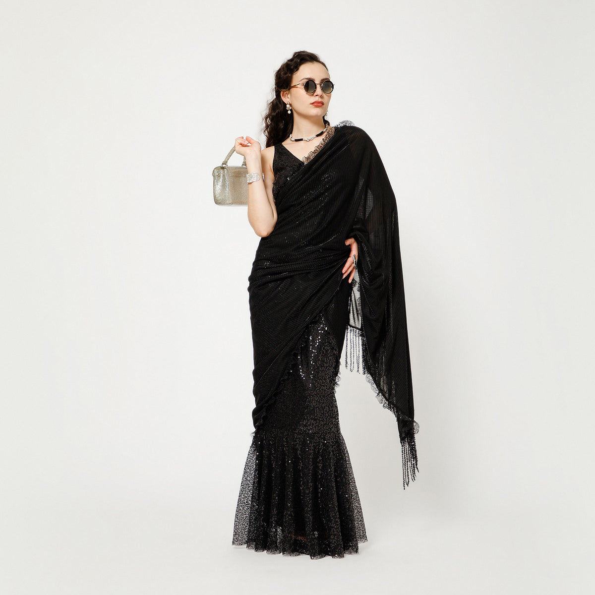 Black Sequin Lycra Saree