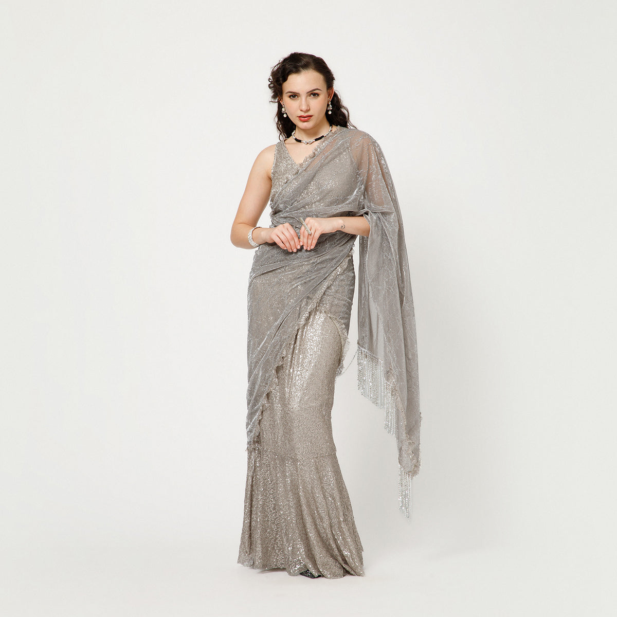Silver Sequin Lycra Saree