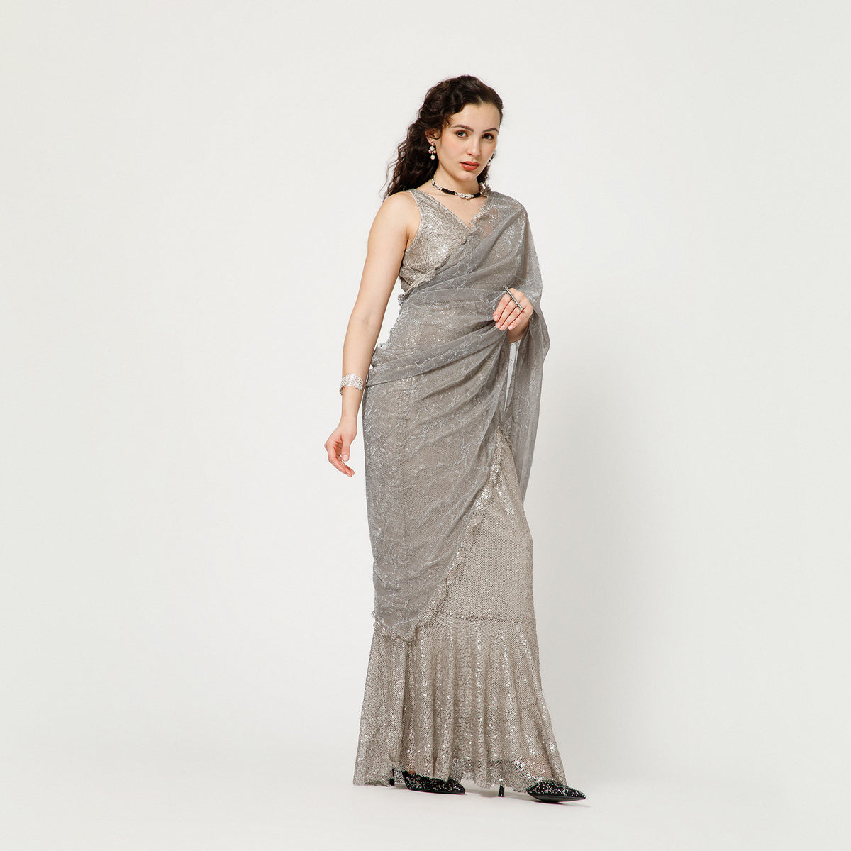 Silver Sequin Lycra Saree