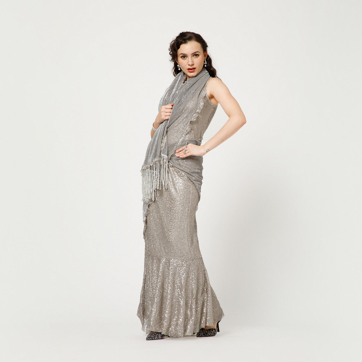 Silver Sequin Lycra Saree