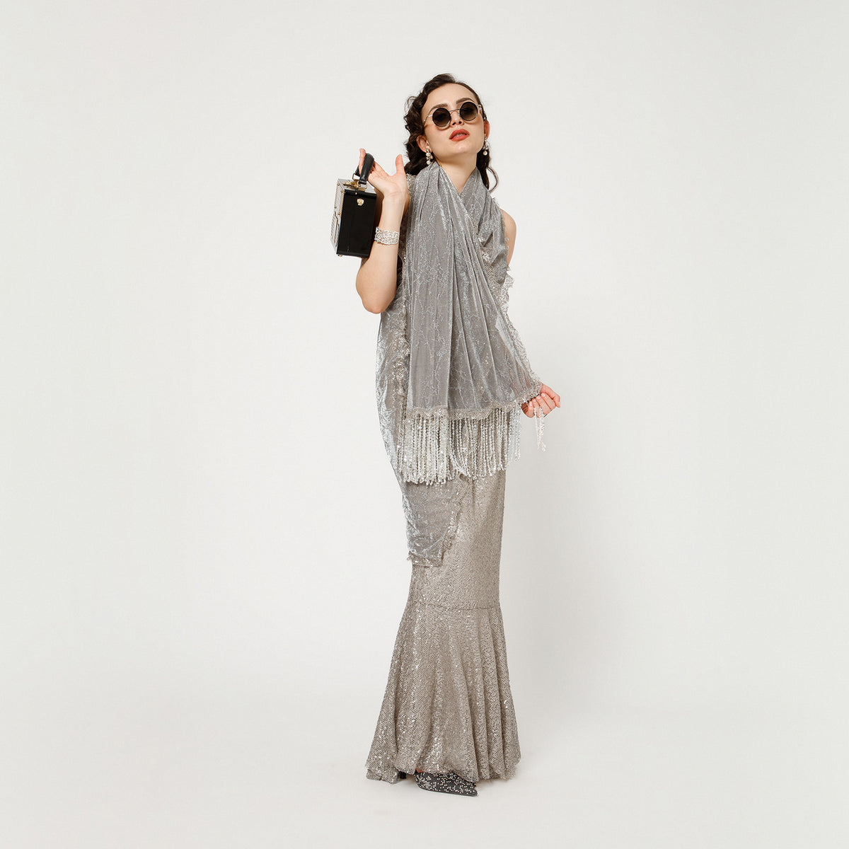 Silver Sequin Lycra Saree