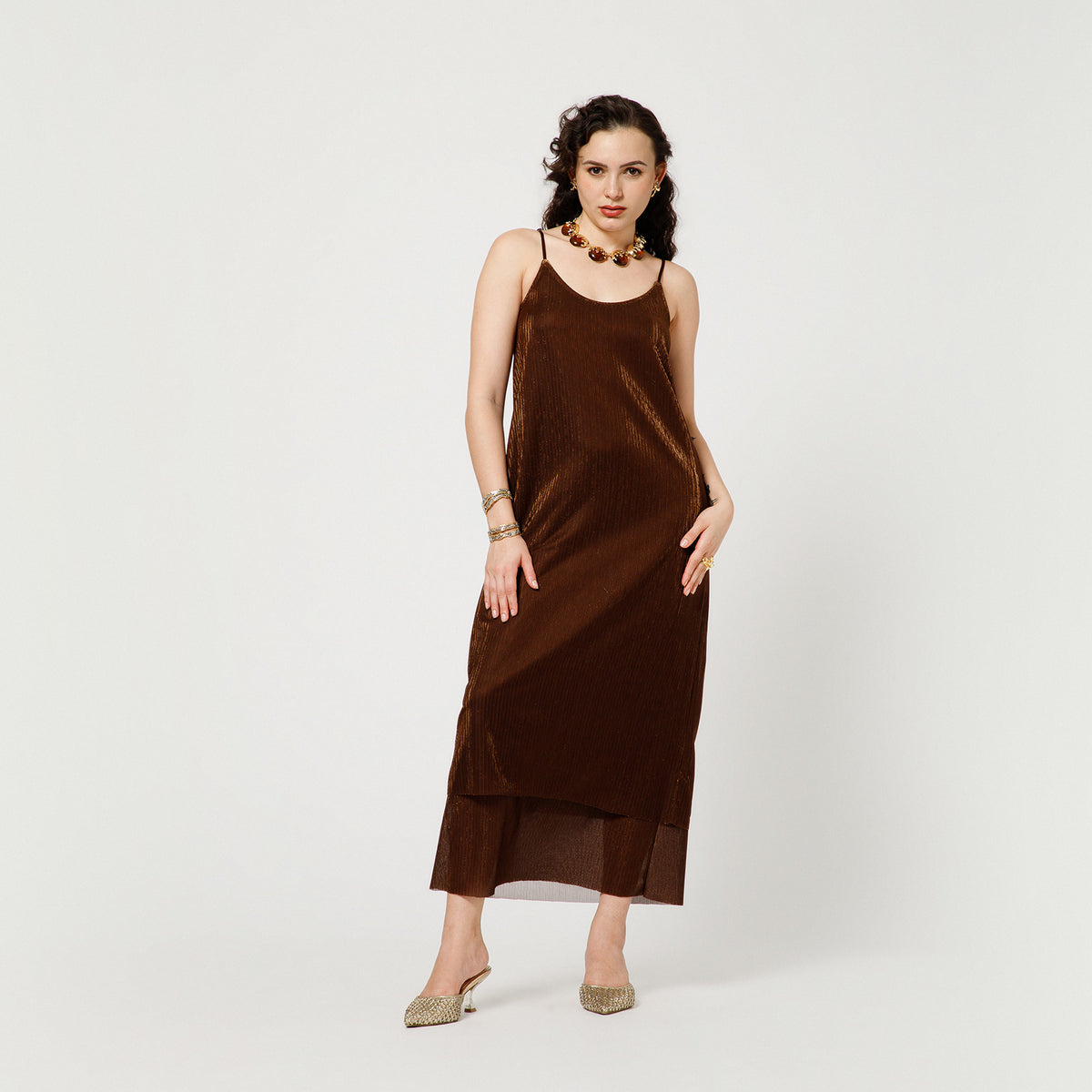 Brown Lycra Double Layer Dress