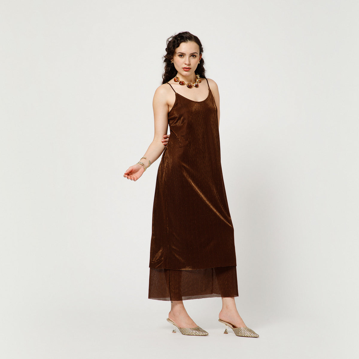 Brown Lycra Double Layer Dress