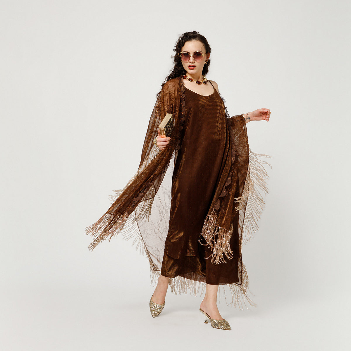 Brown Self Mesh Shrug With Handmade Sequins Strings
