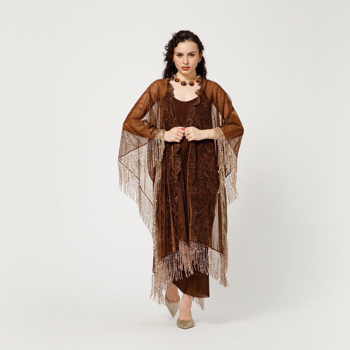 Brown Self Mesh Shrug With Handmade Sequins Strings