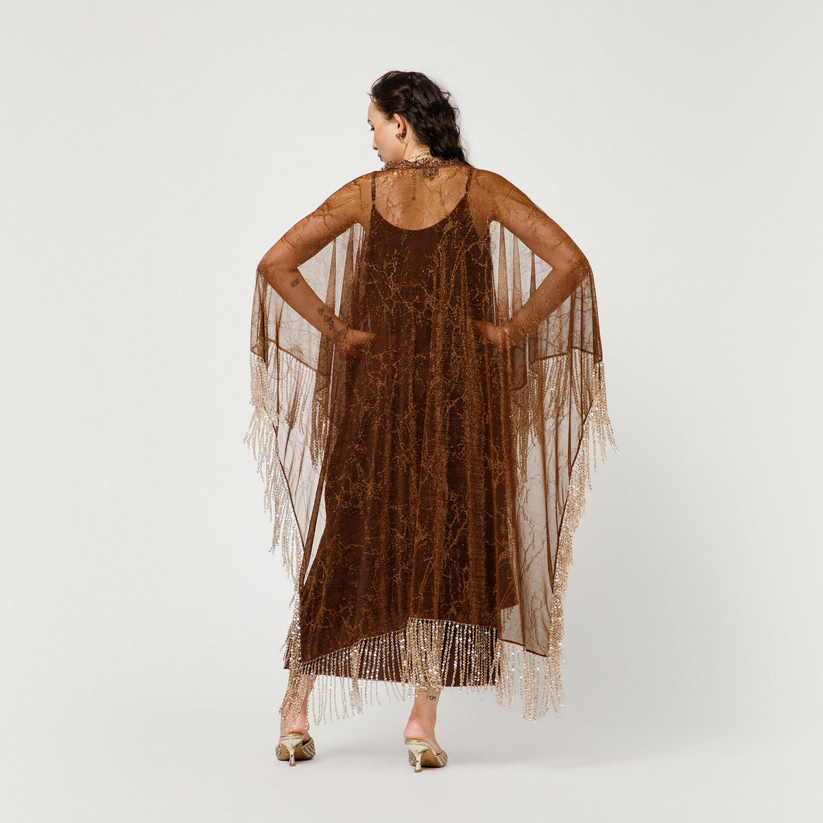 Brown Self Mesh Shrug With Handmade Sequins Strings