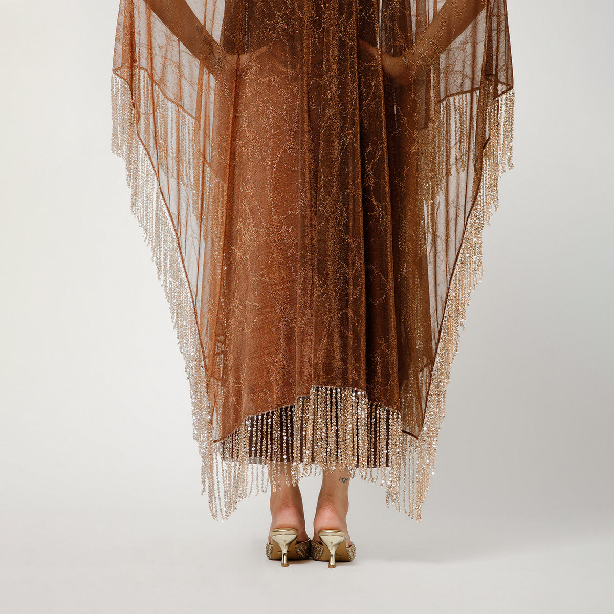 Brown Self Mesh Shrug With Handmade Sequins Strings