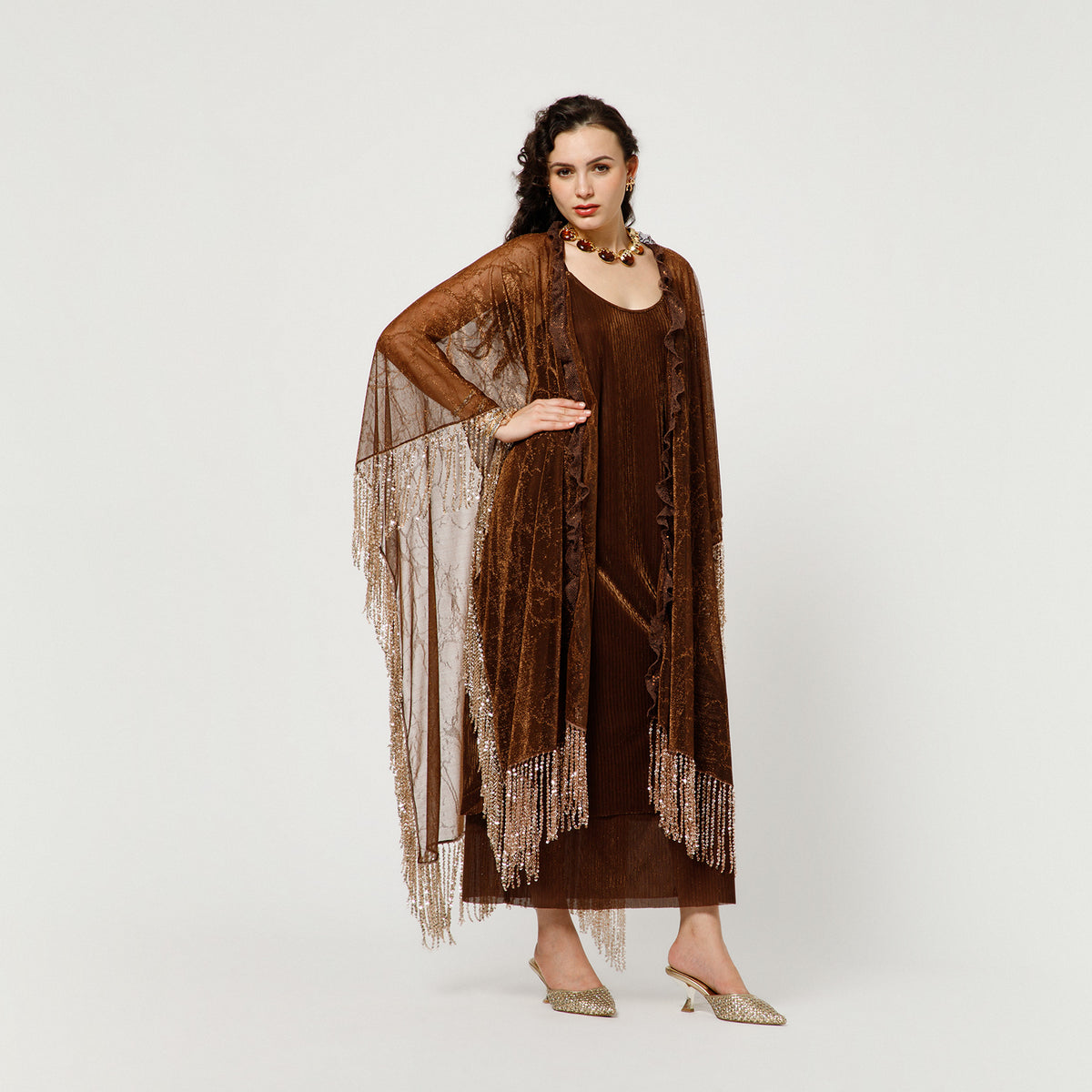 Brown Self Mesh Shrug With Handmade Sequins Strings