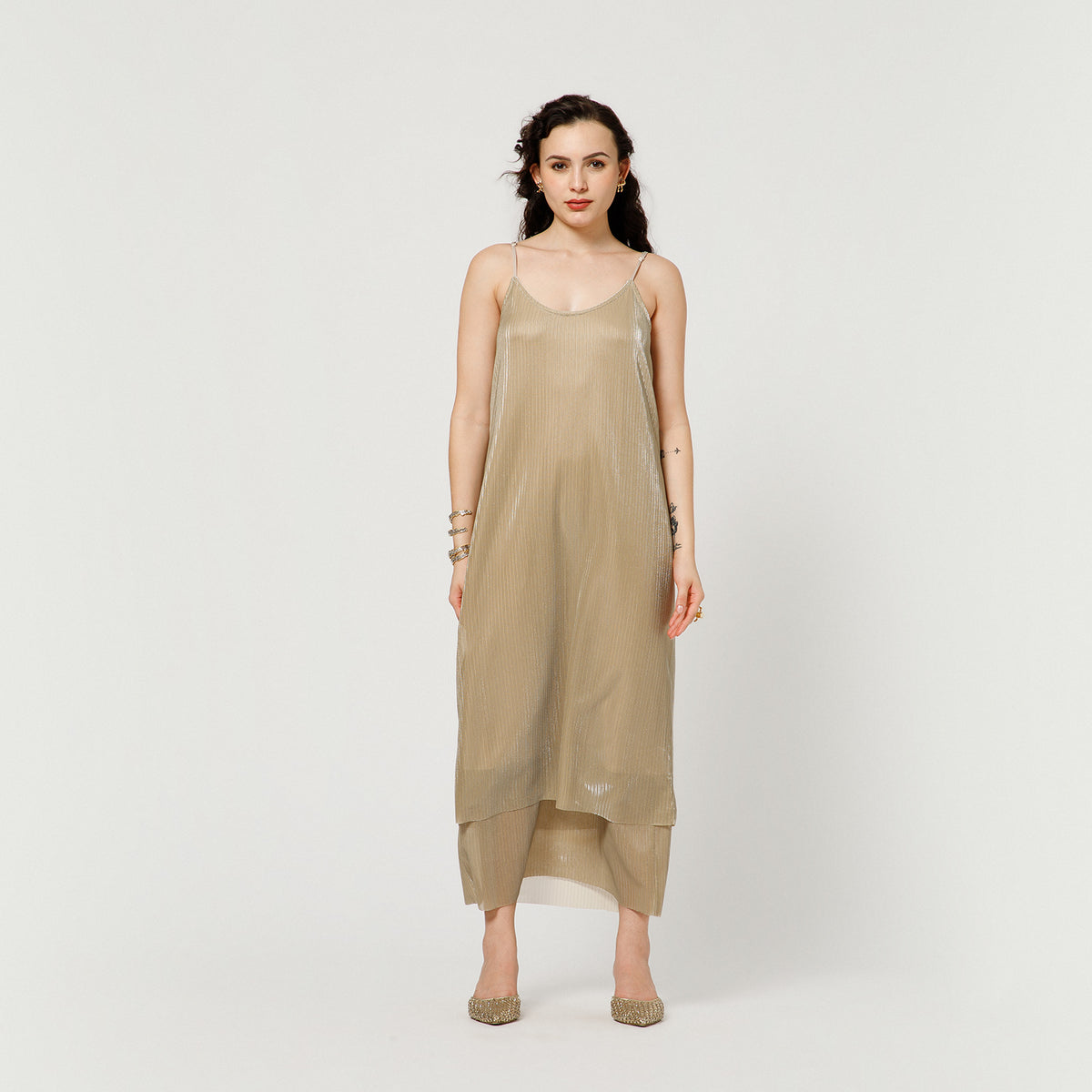 Gold Lycra Double Layer Layer Dress