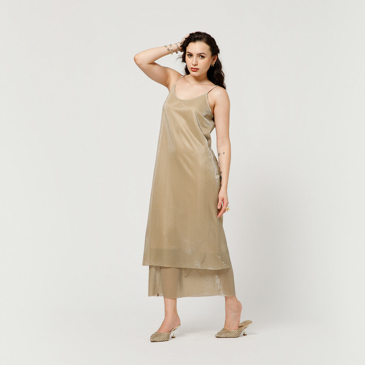 Gold Lycra Double Layer Layer Dress