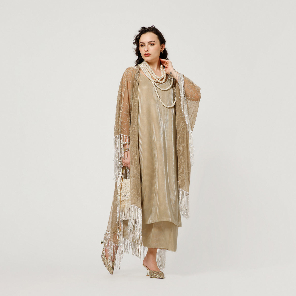 Gold Self Mesh Shrug With Handmade Sequins Strings