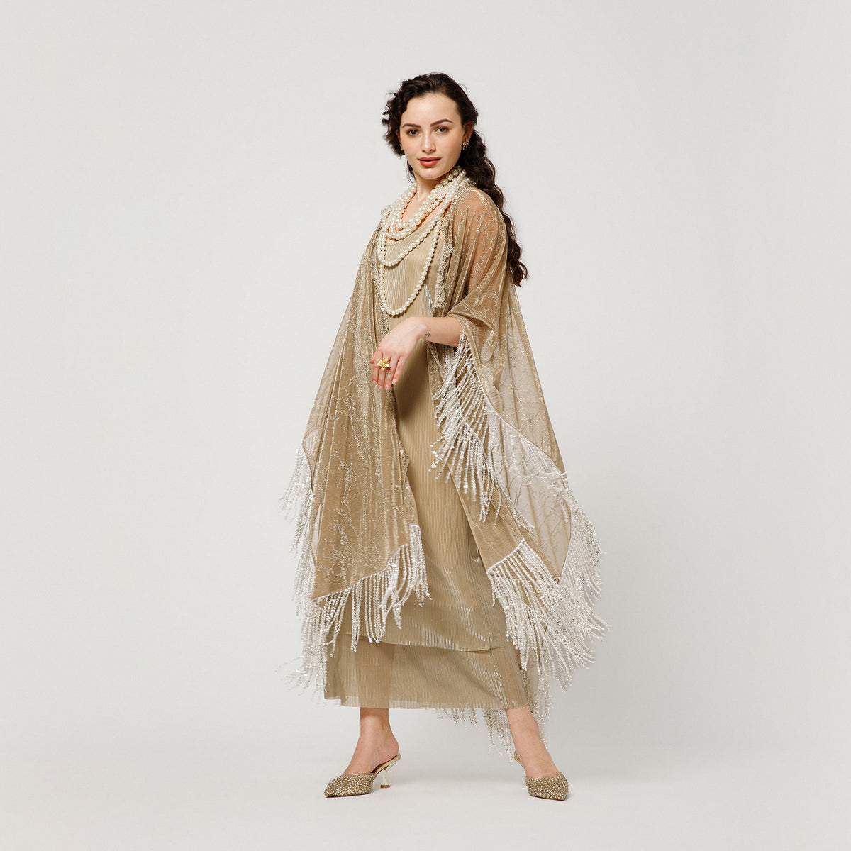 Gold Self Mesh Shrug With Handmade Sequins Strings