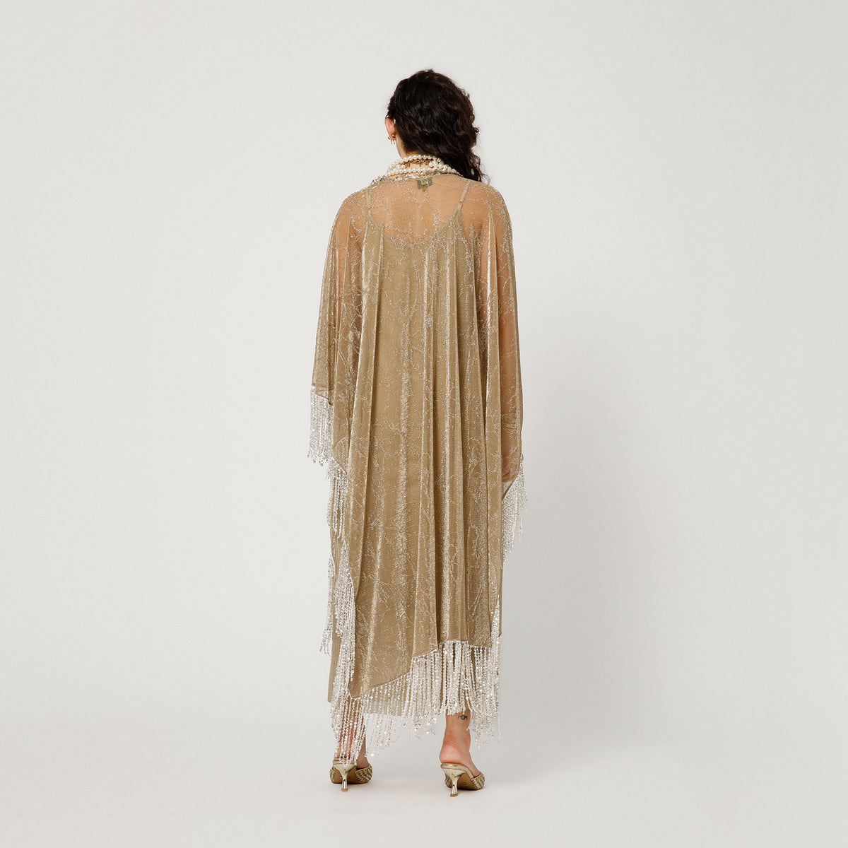 Gold Self Mesh Shrug With Handmade Sequins Strings