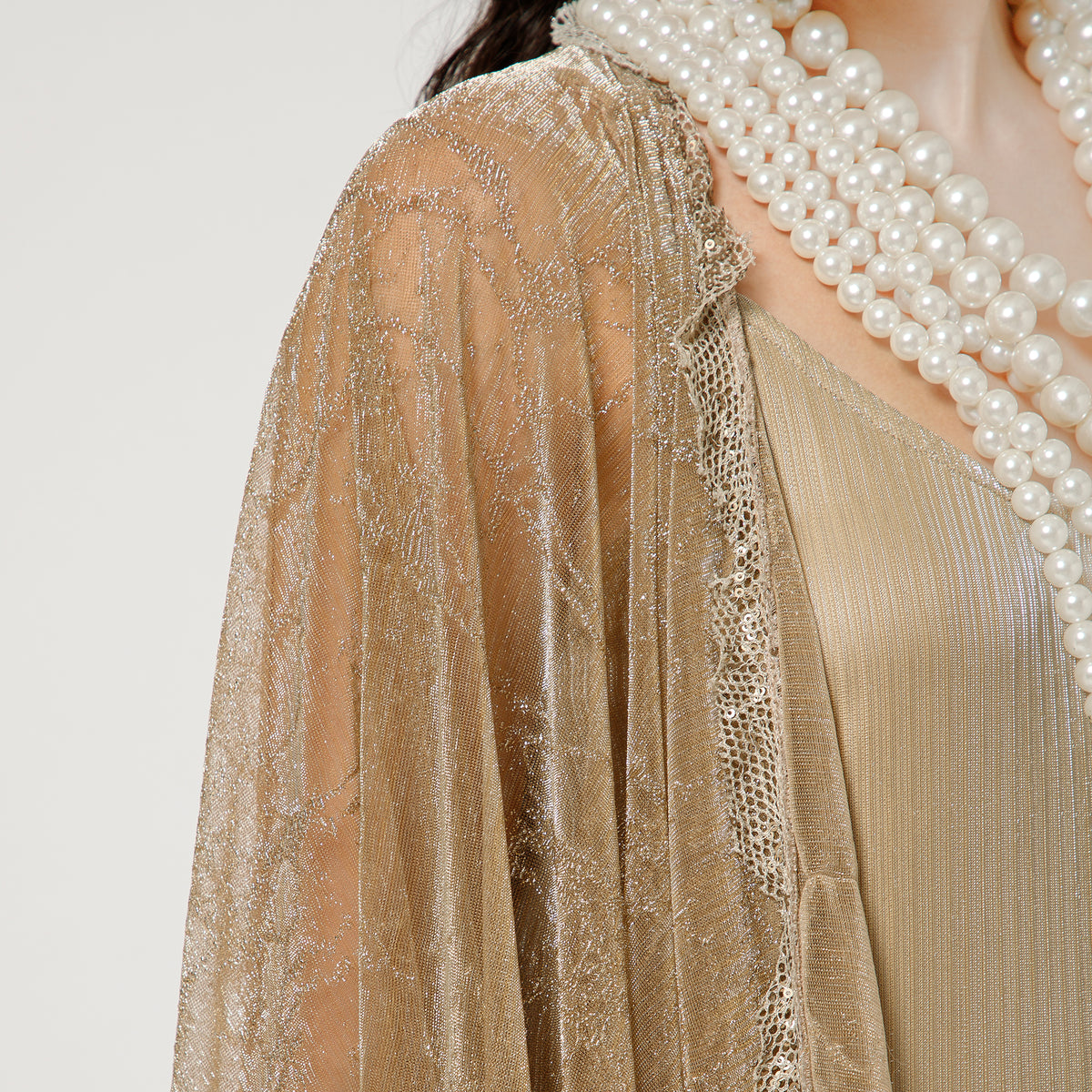 Gold Self Mesh Shrug With Handmade Sequins Strings