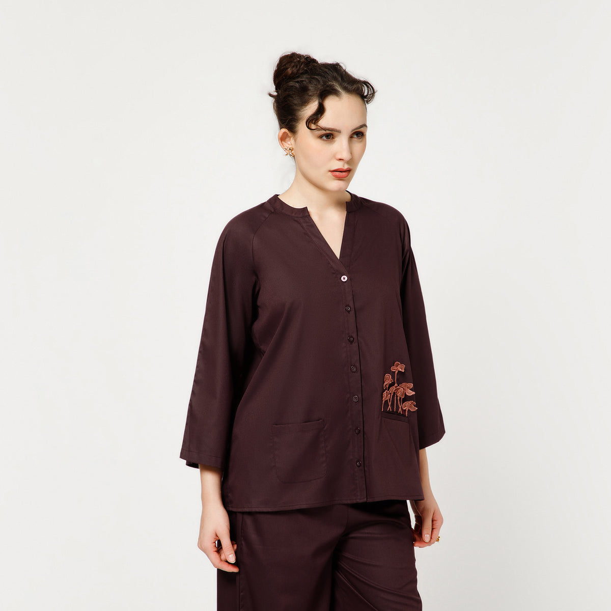 Prune Cotton Blend Top With Organza Flower Pocket Embroidery