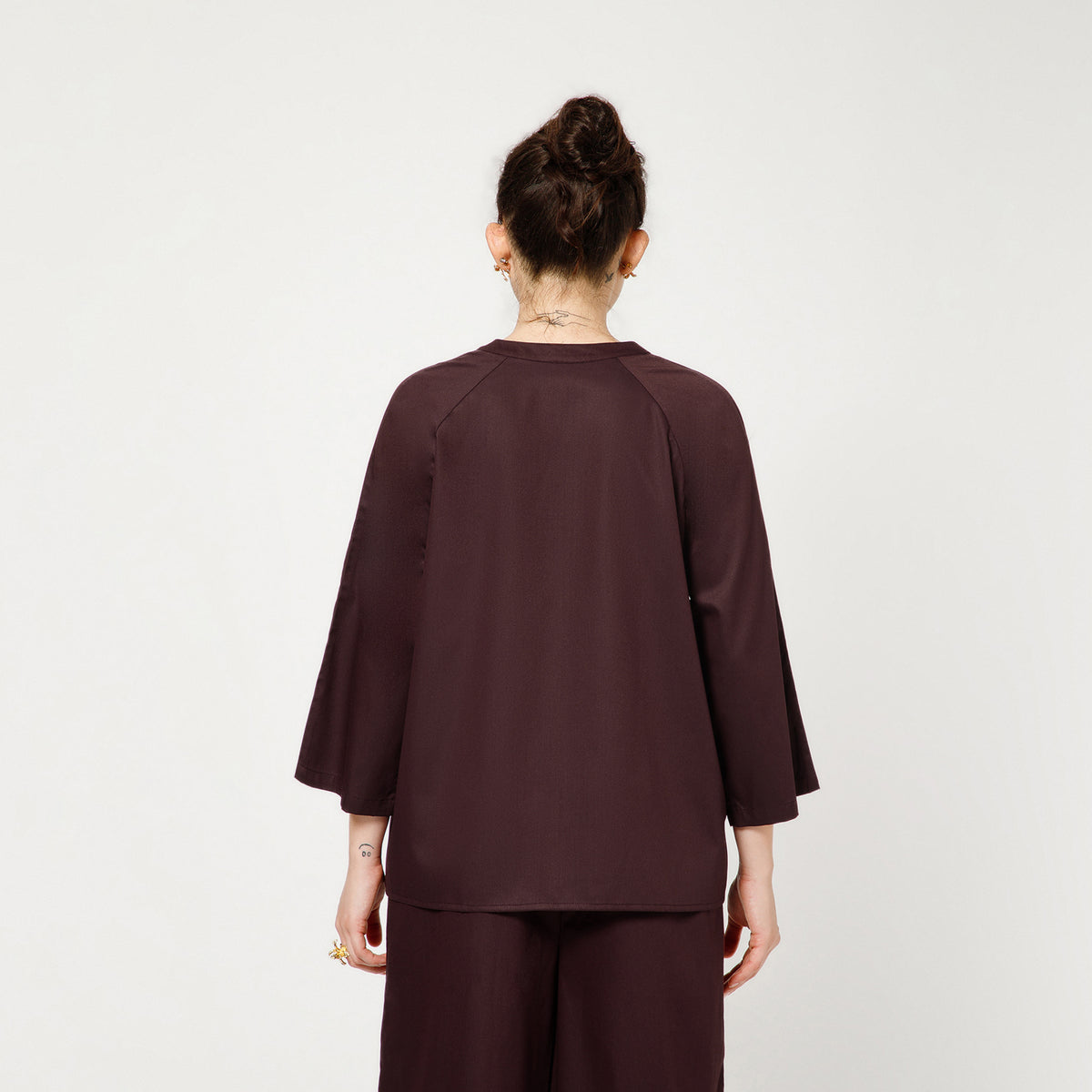 Prune Cotton Blend Top With Organza Flower Pocket Embroidery