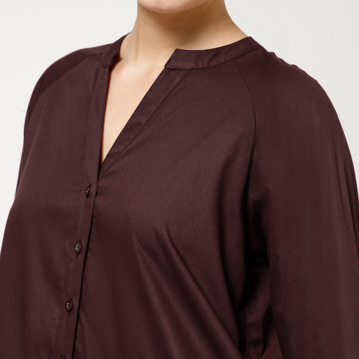 Prune Cotton Blend Top With Organza Flower Pocket Embroidery