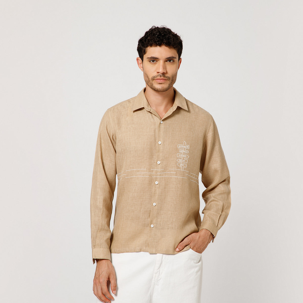 Beige Cotton Linen Shirt Road Map With Bike  Embroidery