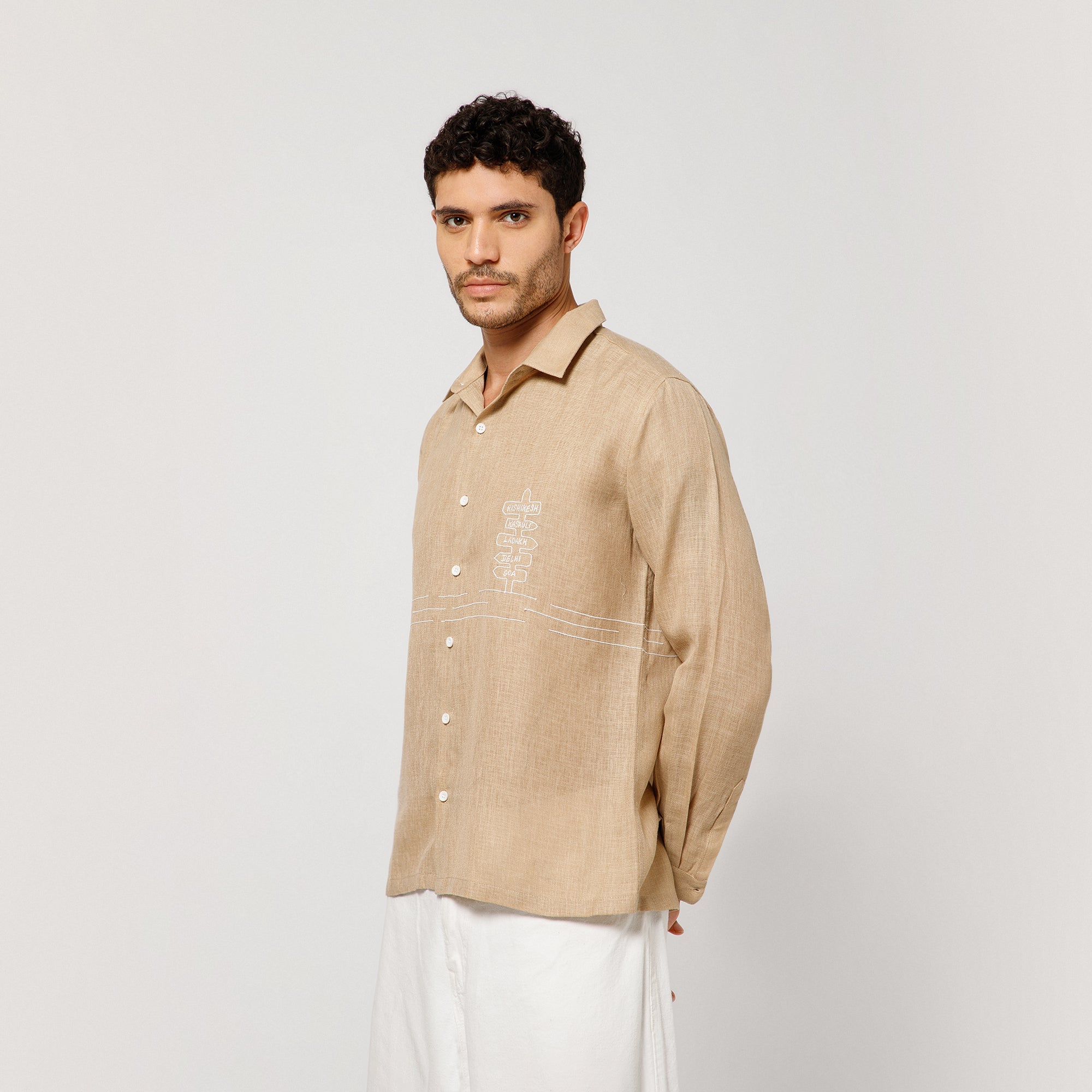 Beige Cotton Linen Shirt Road Map With Bike  Embroidery