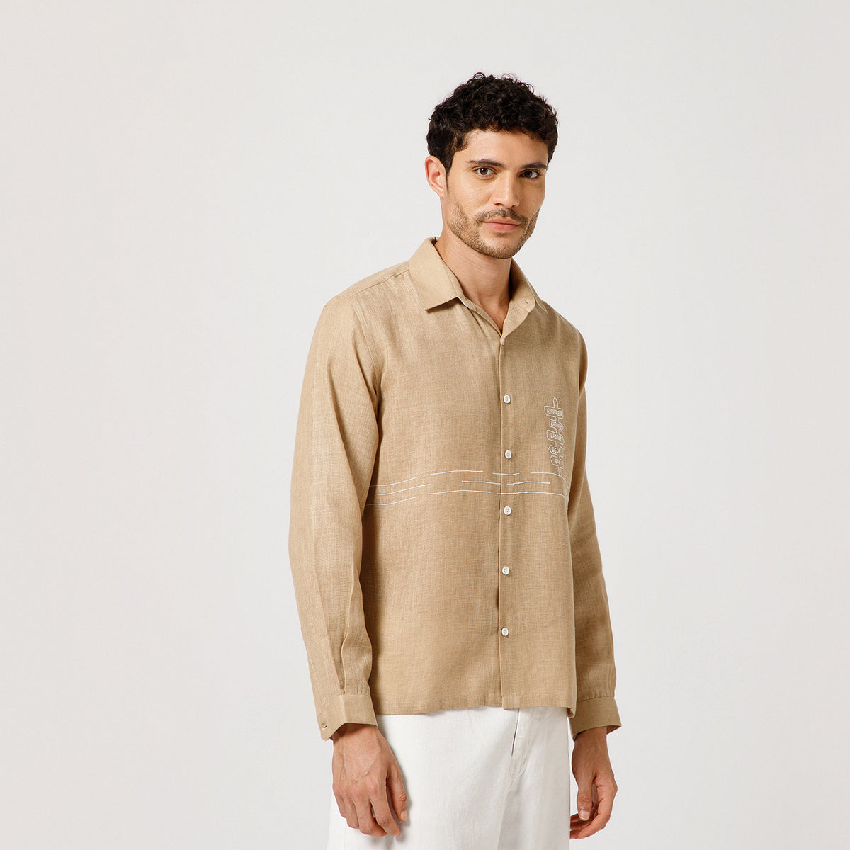 Beige Cotton Linen Shirt Road Map With Bike  Embroidery