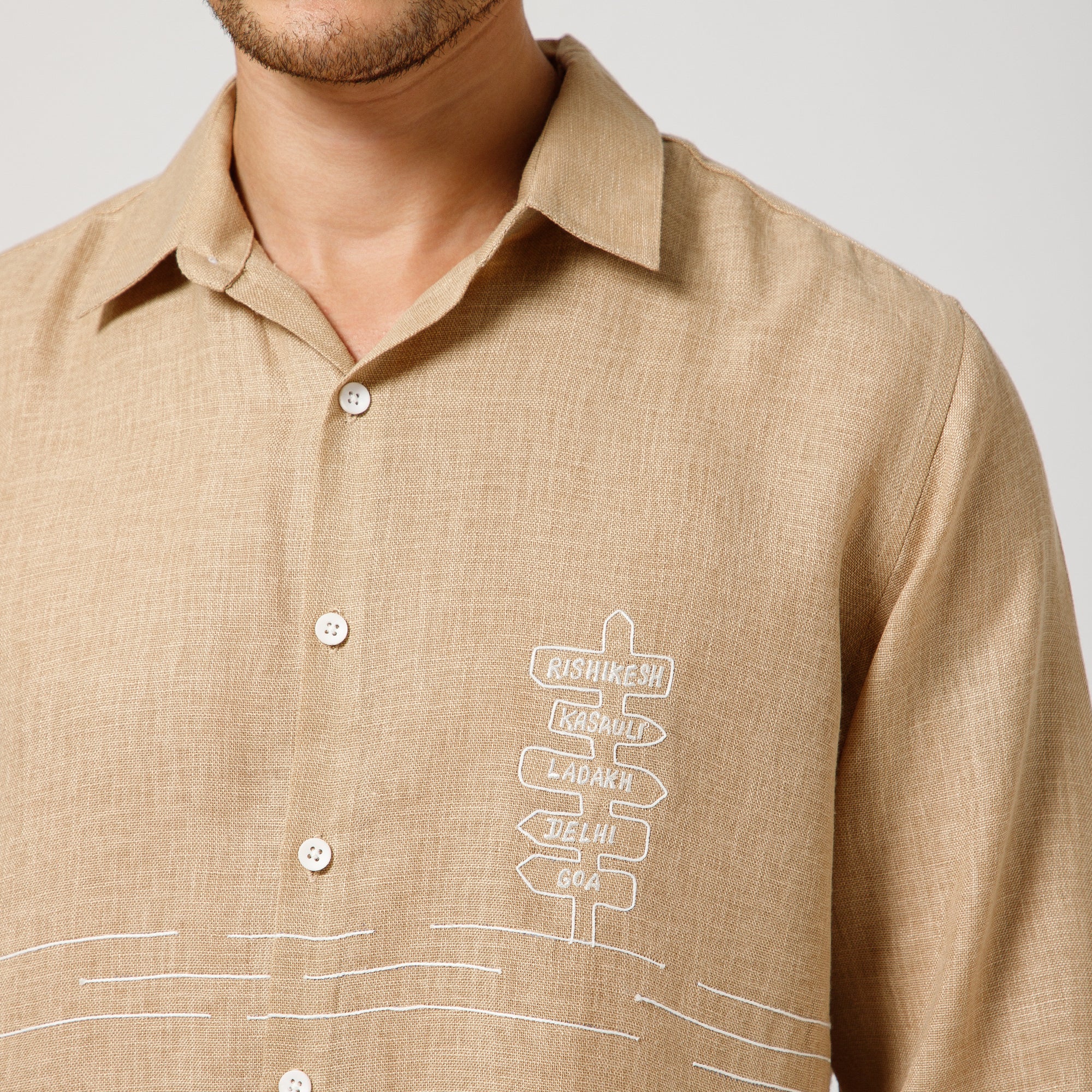Beige Cotton Linen Shirt Road Map With Bike  Embroidery