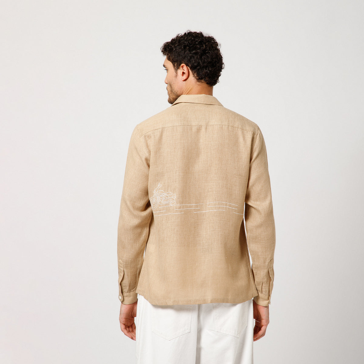 Beige Cotton Linen Shirt Road Map With Bike  Embroidery