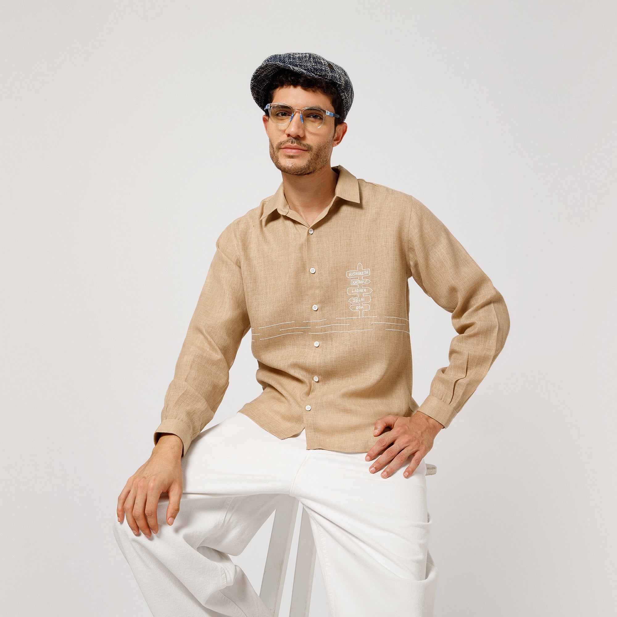 Beige Cotton Linen Shirt Road Map With Bike  Embroidery