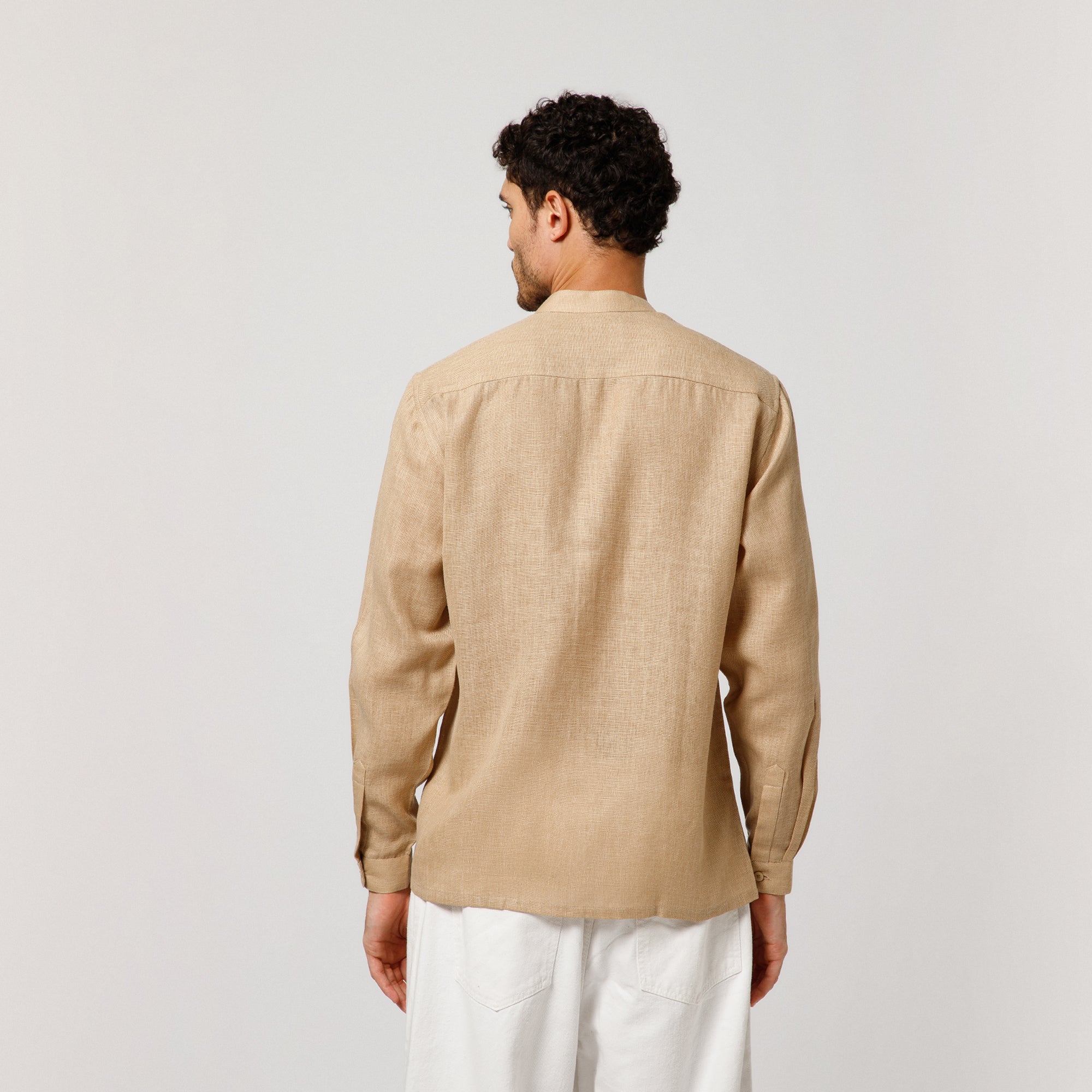 Beige Cotton Linen Shirt With Dragonfly Embroidery With Pocket Detaling