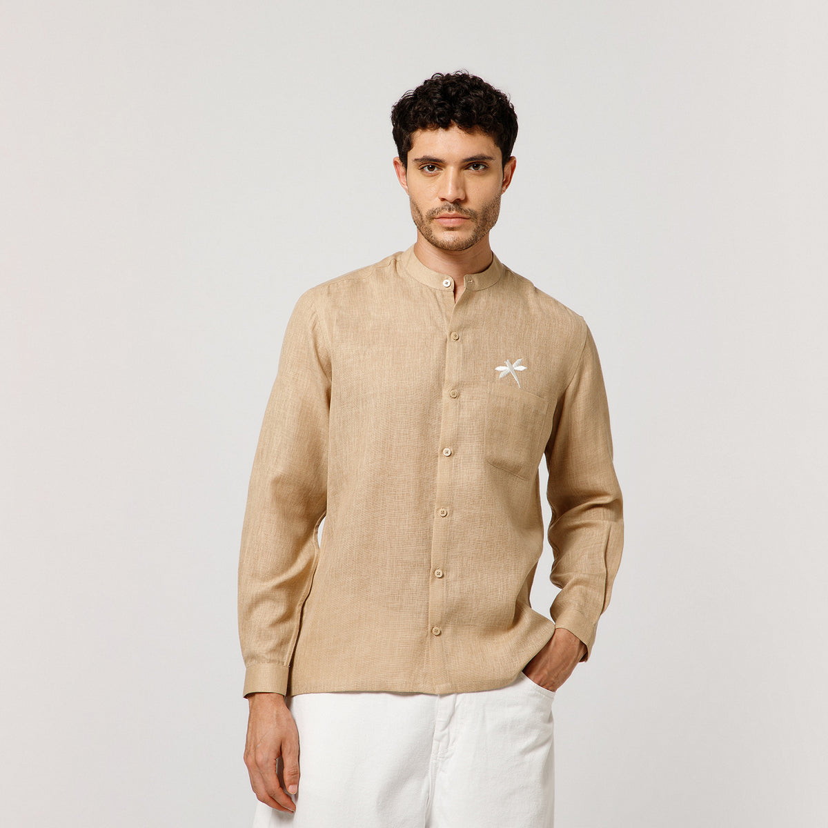 Beige Cotton Linen Shirt With Dragonfly Embroidery With Pocket Detaling