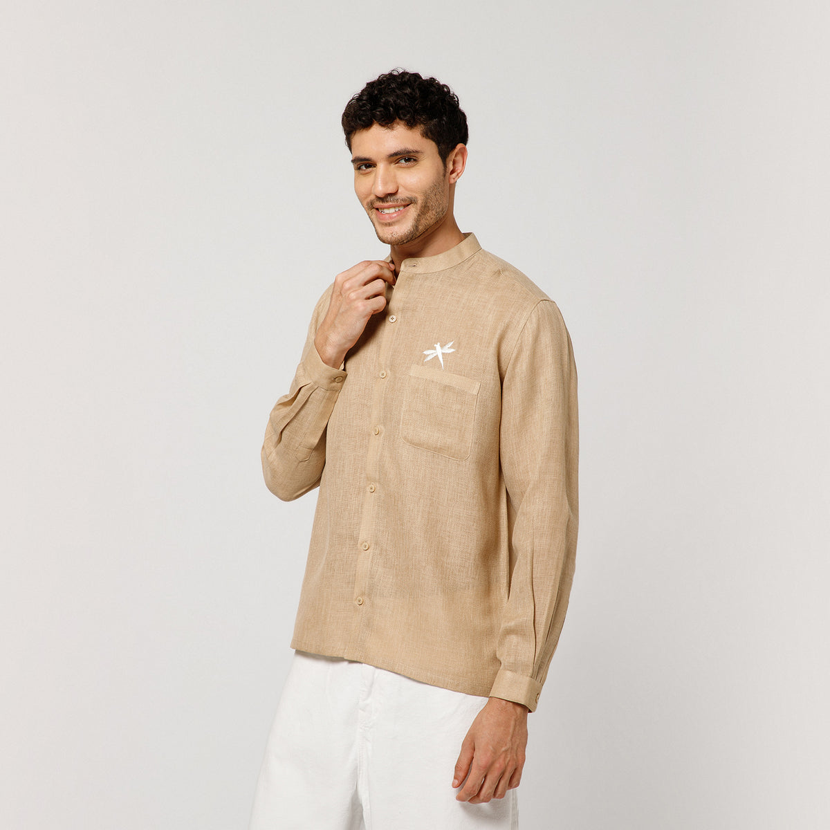 Beige Cotton Linen Shirt With Dragonfly Embroidery With Pocket Detaling