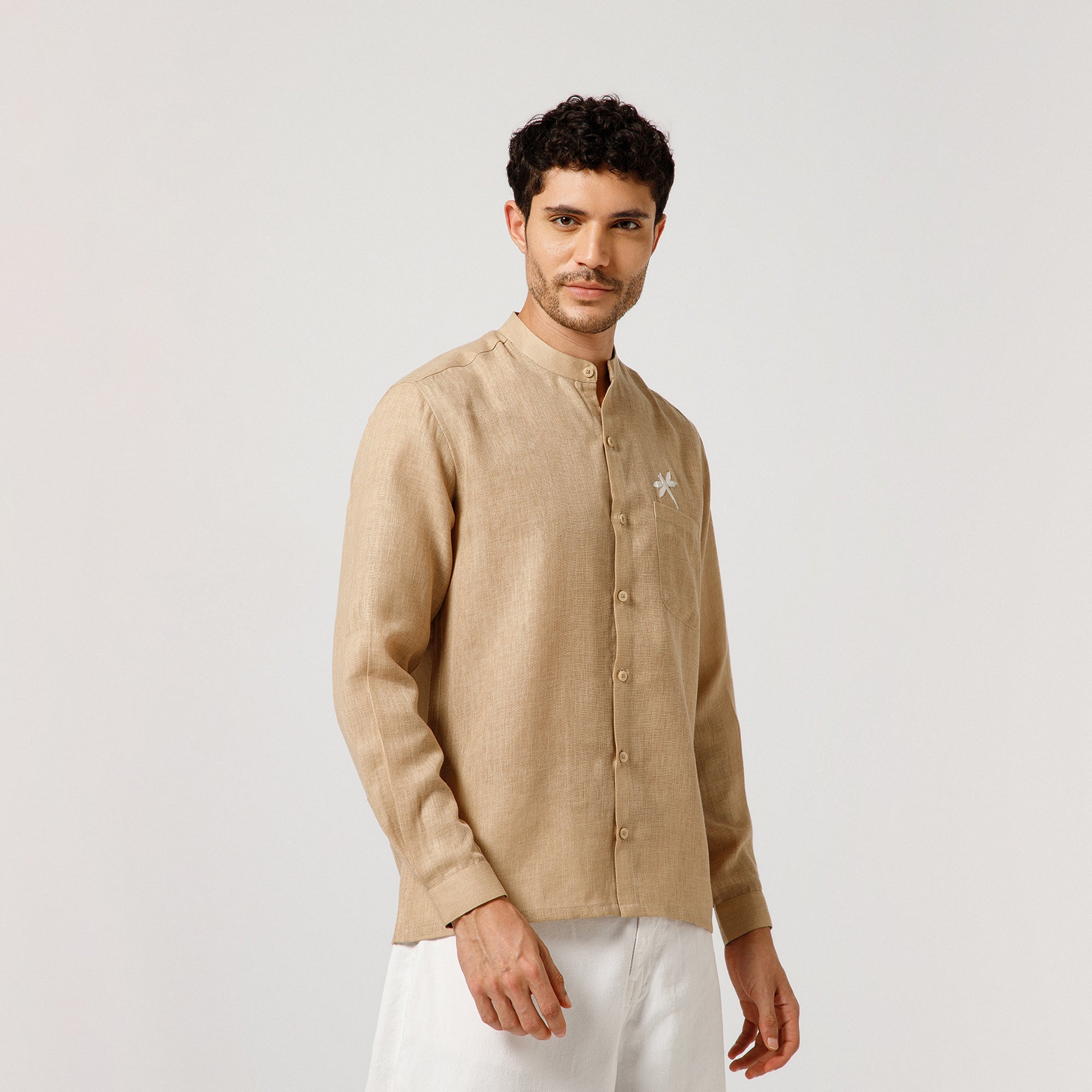 Beige Cotton Linen Shirt With Dragonfly Embroidery With Pocket Detaling