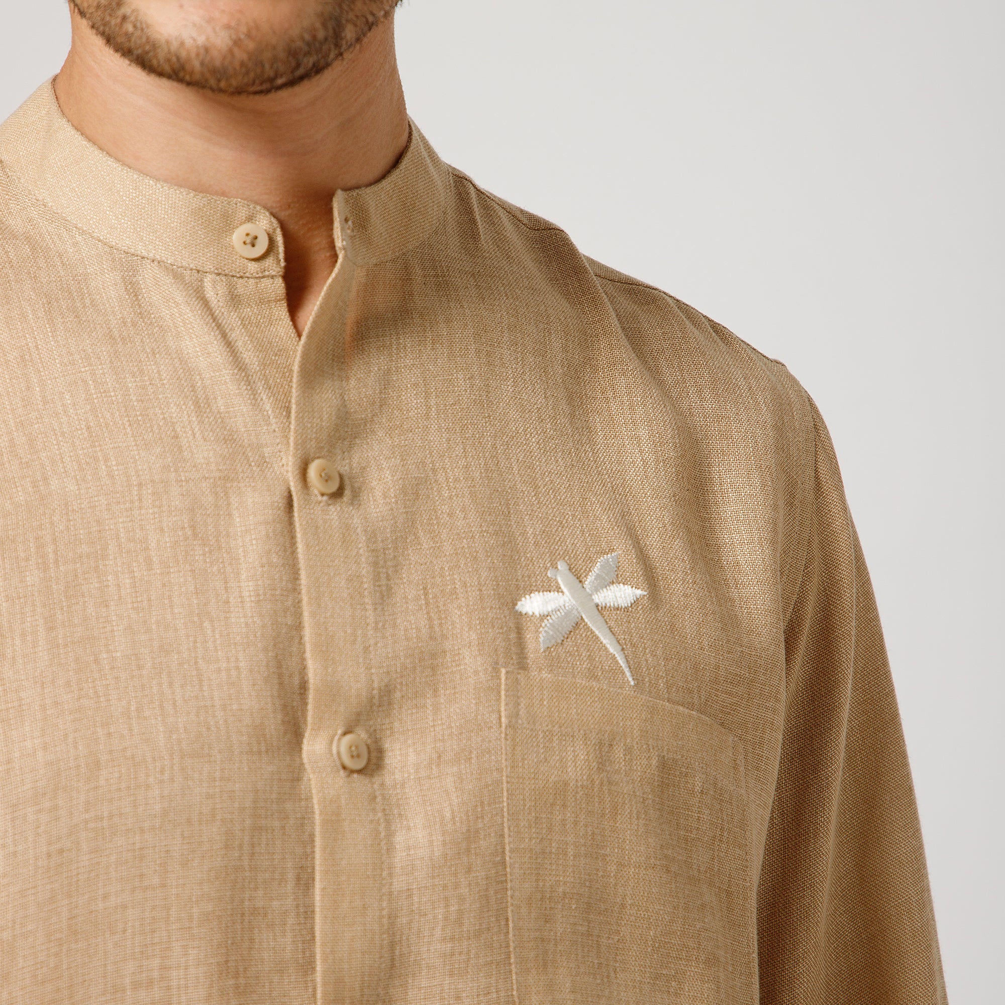 Beige Cotton Linen Shirt With Dragonfly Embroidery With Pocket Detaling
