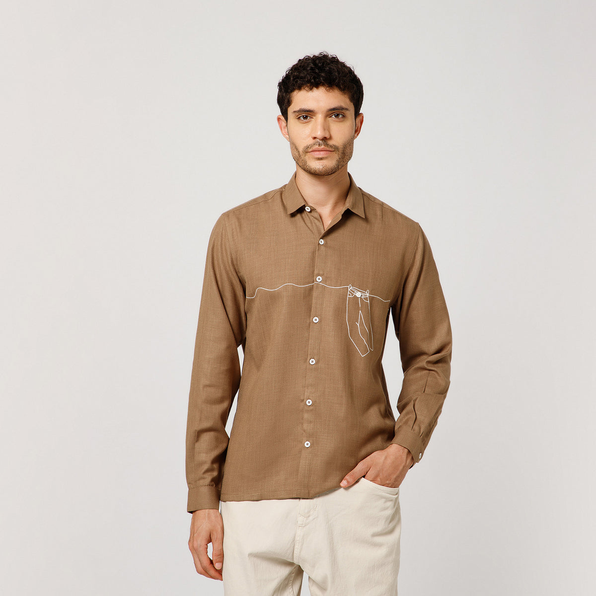 Dark Beige Cotton Shirt With Pant Hang Embroidery
