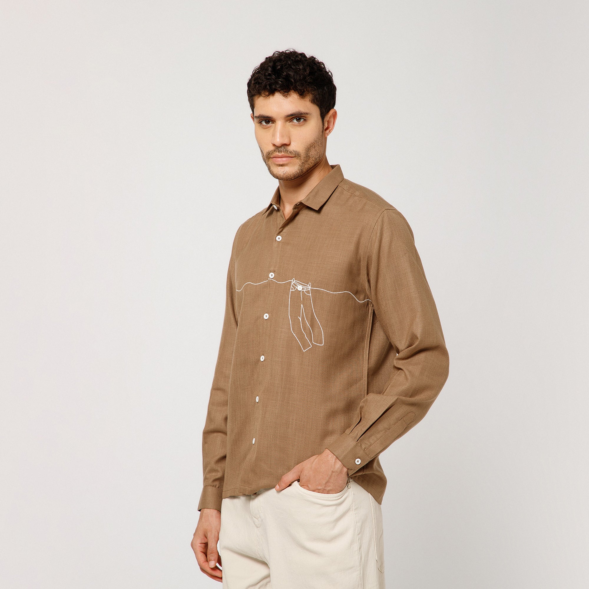 Dark Beige Cotton Shirt With Pant Hang Embroidery