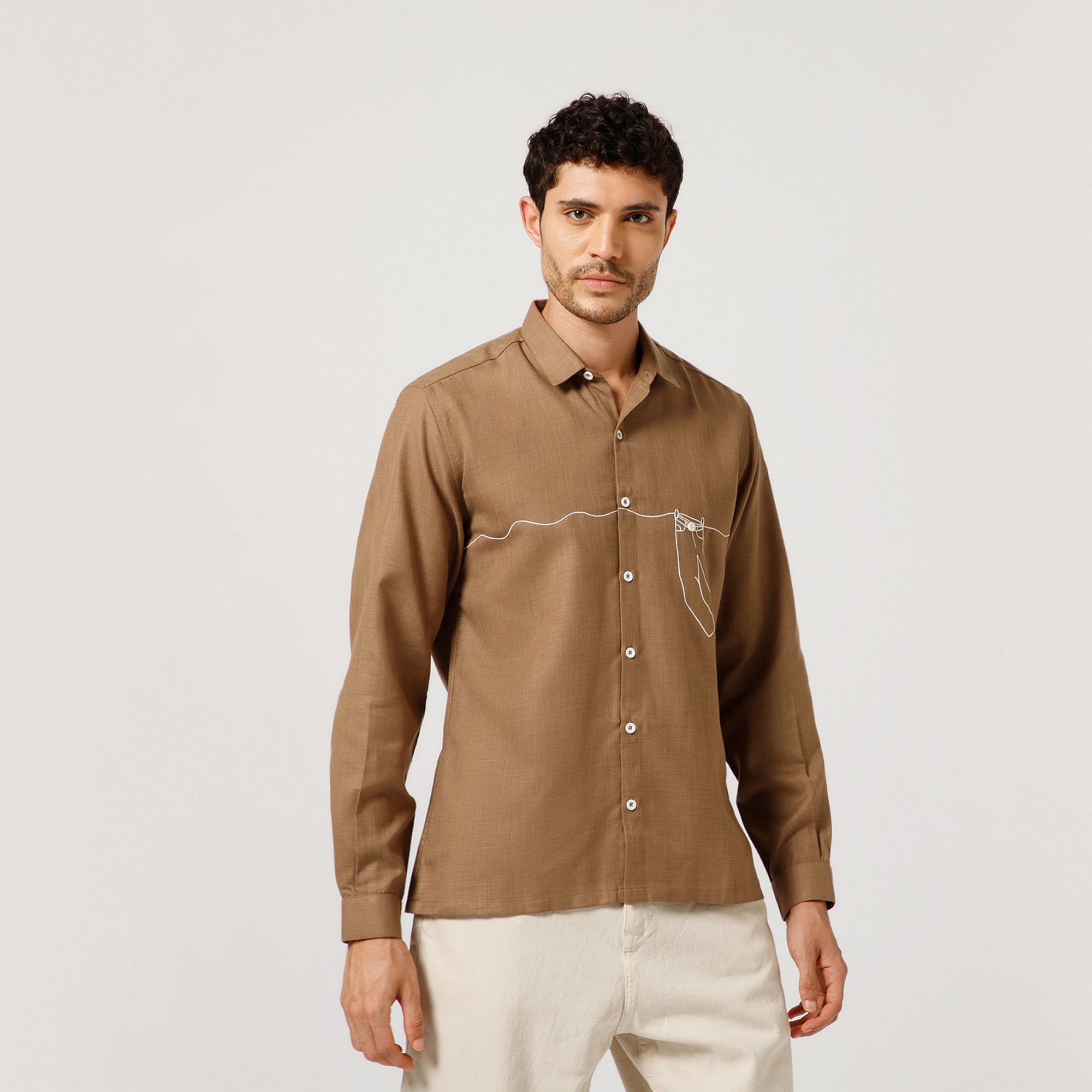 Dark Beige Cotton Shirt With Pant Hang Embroidery