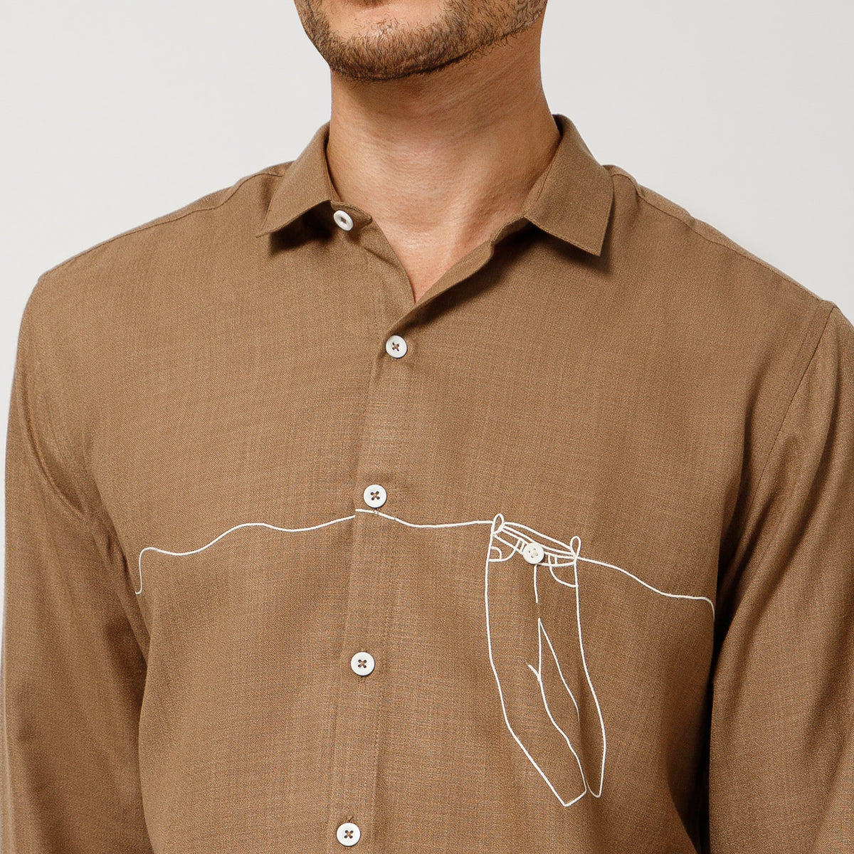 Dark Beige Cotton Shirt With Pant Hang Embroidery
