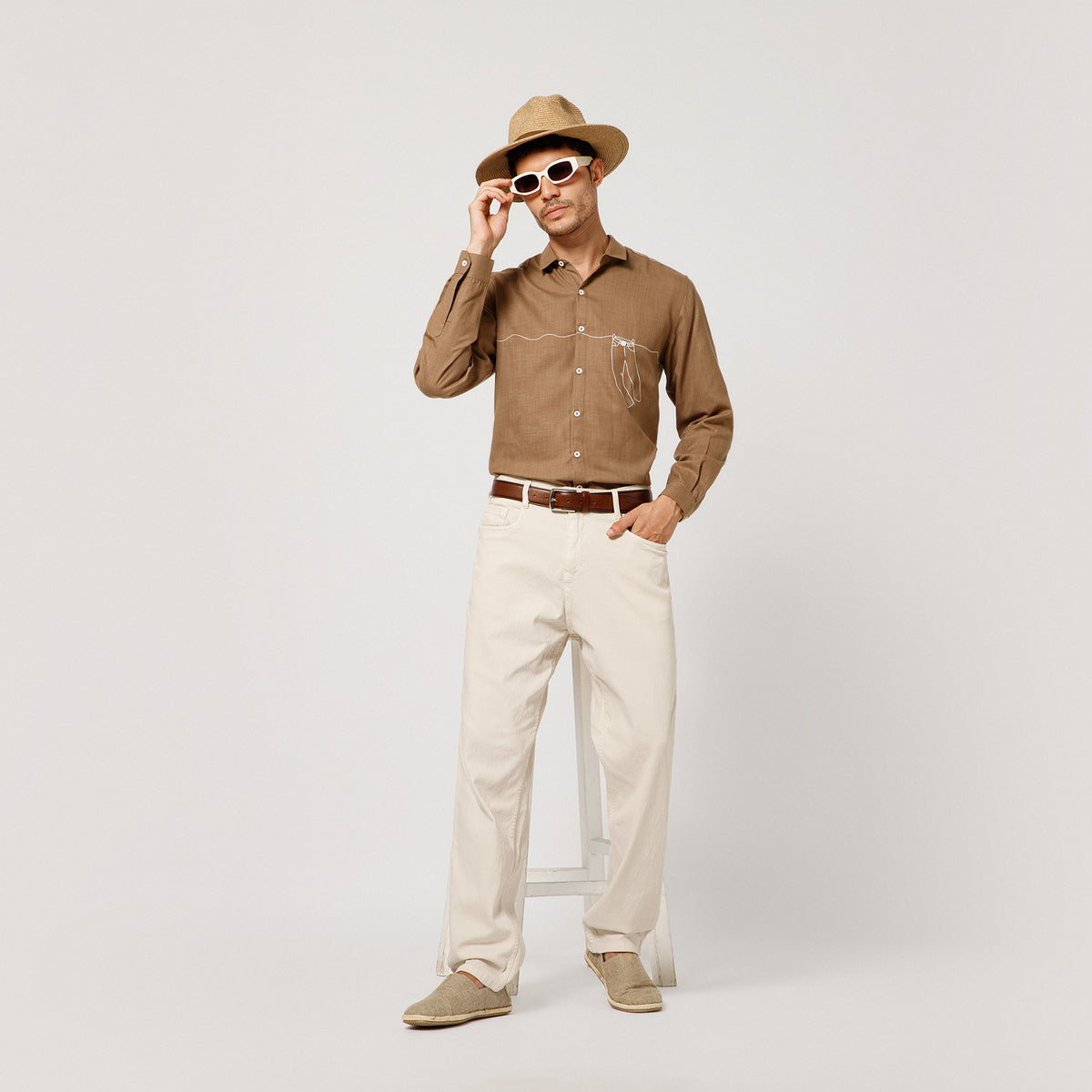 Dark Beige Cotton Shirt With Pant Hang Embroidery