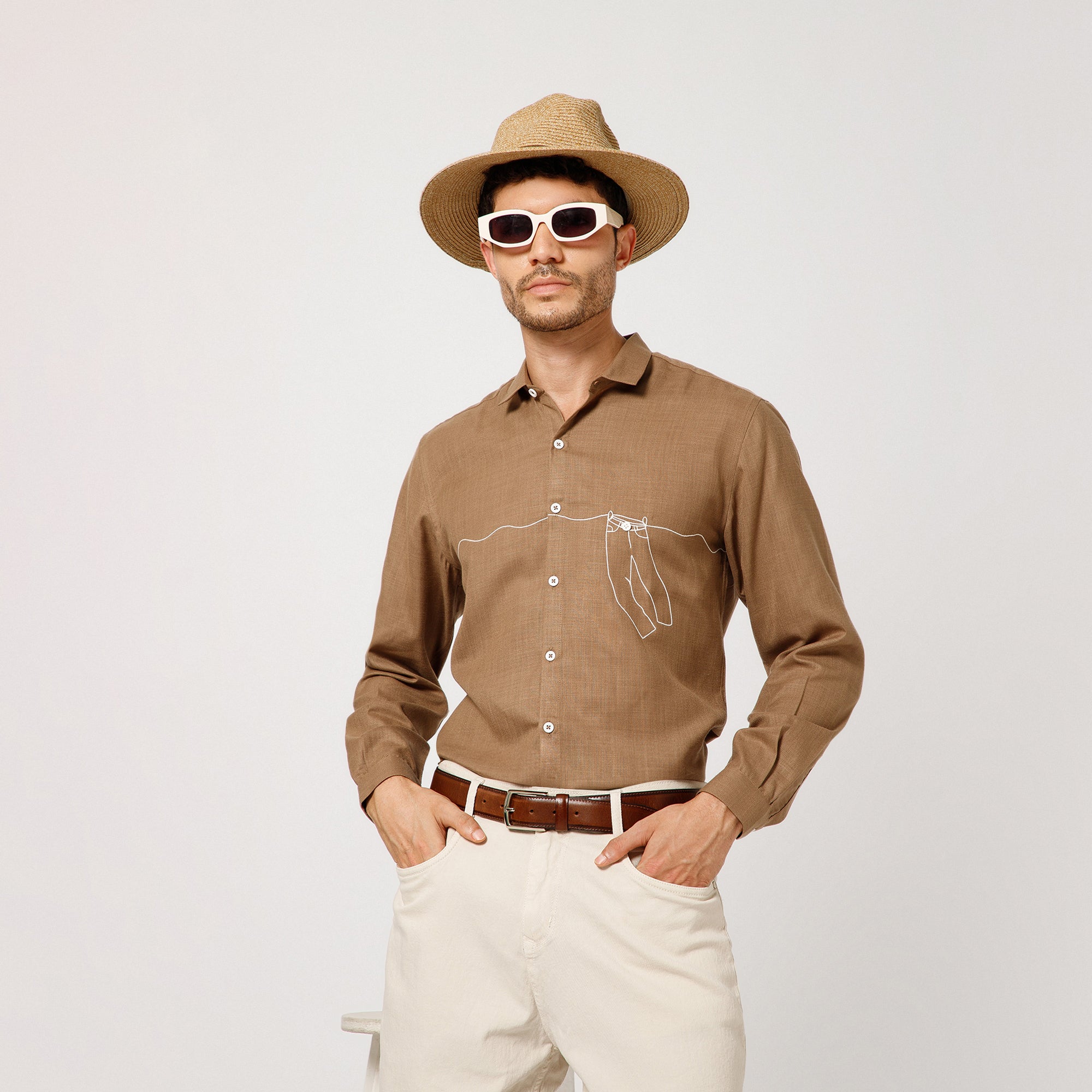Dark Beige Cotton Shirt With Pant Hang Embroidery