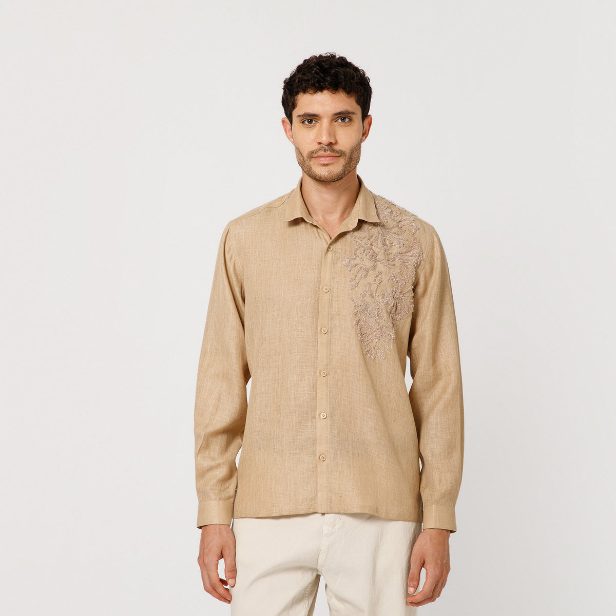 Beige Cotton Linen Shirt With Textured Flower Embroidery