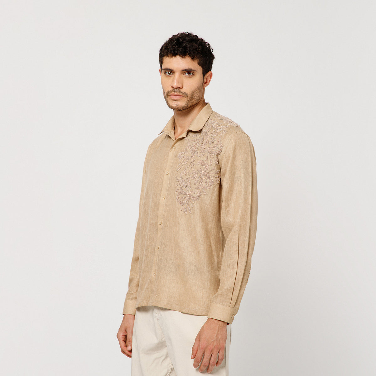 Beige Cotton Linen Shirt With Textured Flower Embroidery
