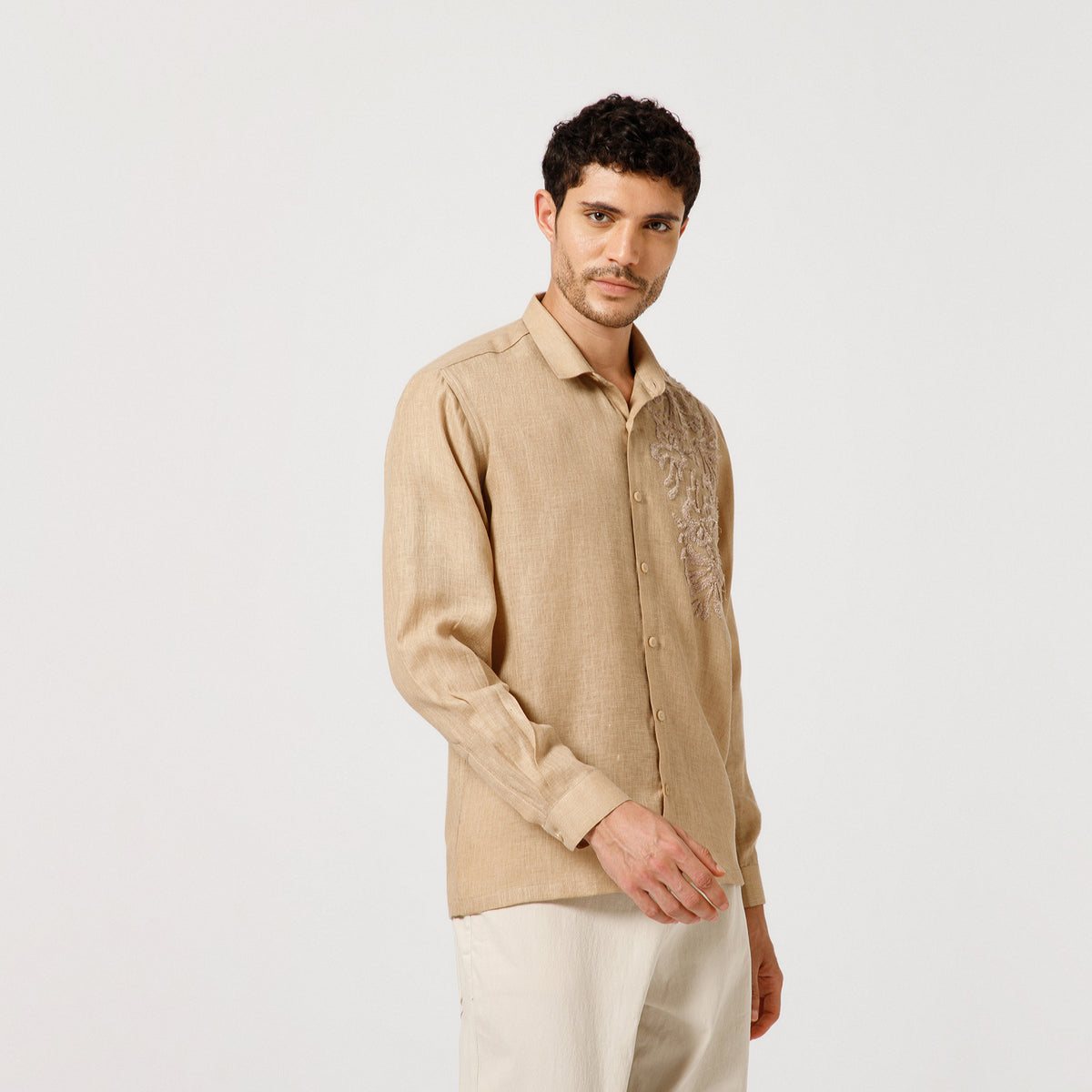 Beige Cotton Linen Shirt With Textured Flower Embroidery