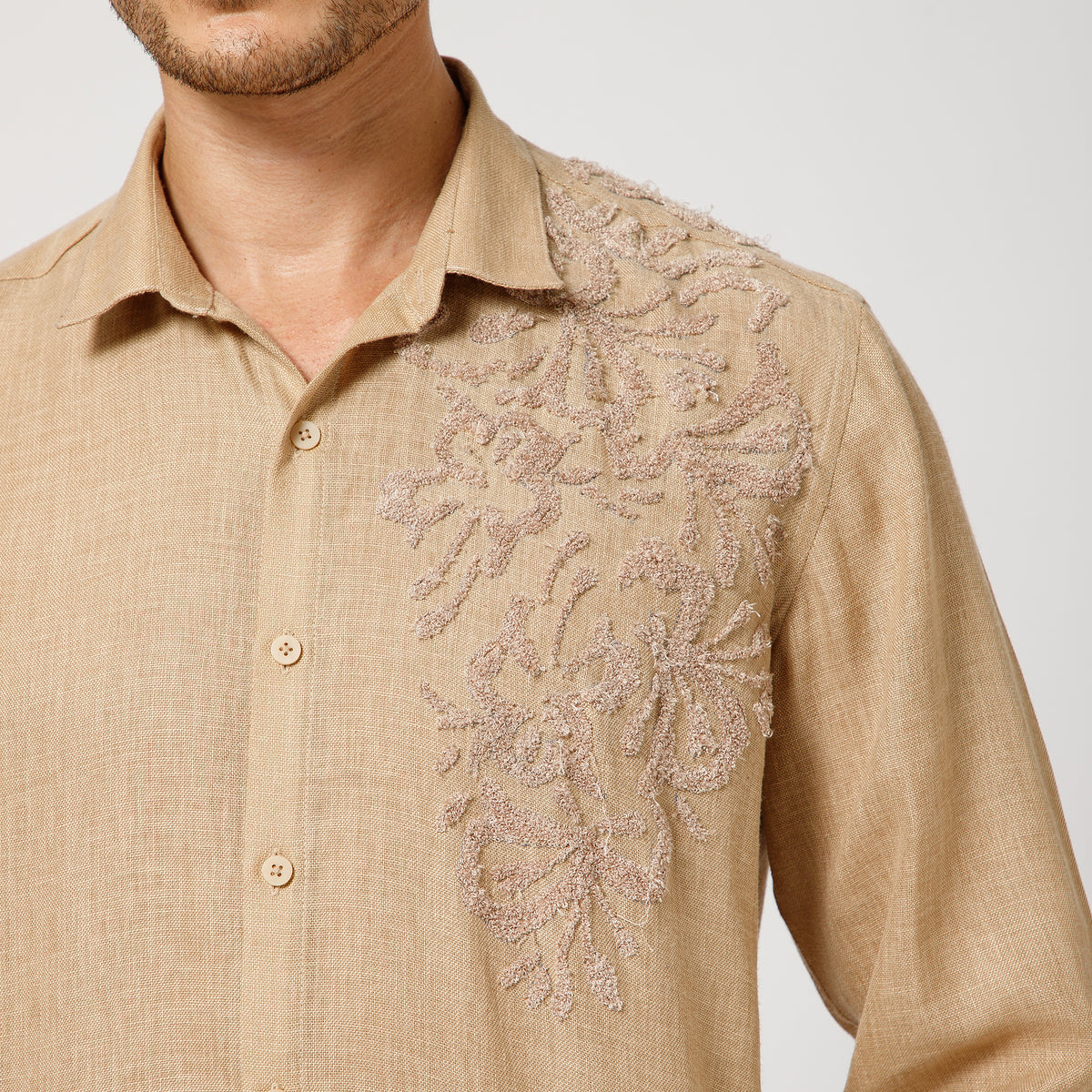 Beige Cotton Linen Shirt With Textured Flower Embroidery