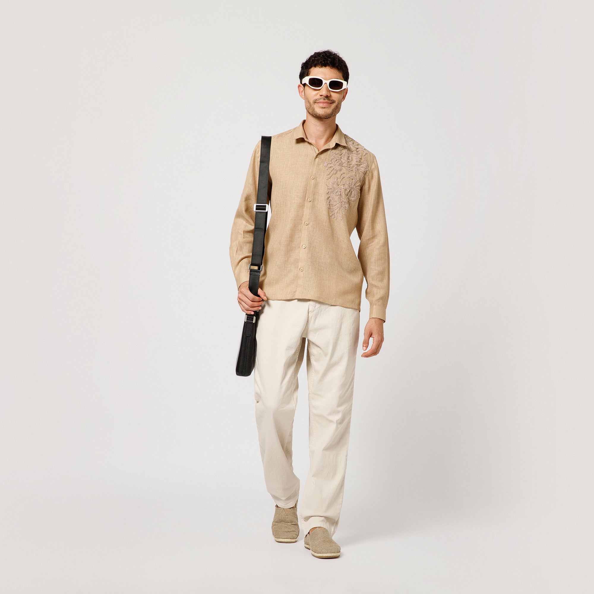 Beige Cotton Linen Shirt With Textured Flower Embroidery