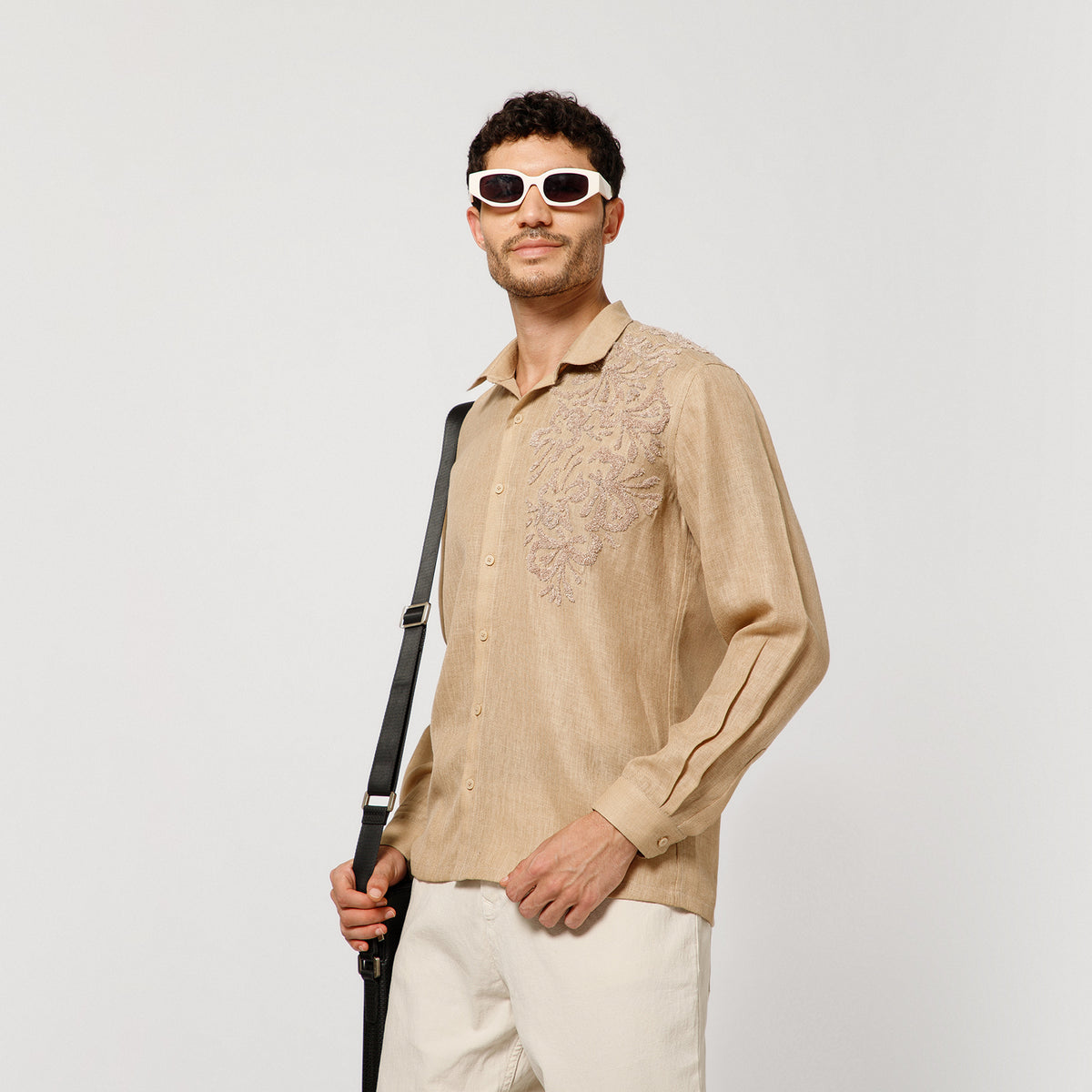 Beige Cotton Linen Shirt With Textured Flower Embroidery